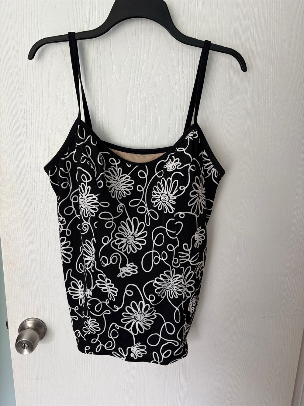 Black Floral-Print Swim Cami with Spaghetti Straps
